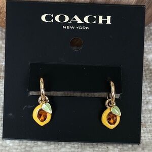 Coach Gold Tone Huggie Hoop Earrings Lemon Charm & Crystal Accent NWT